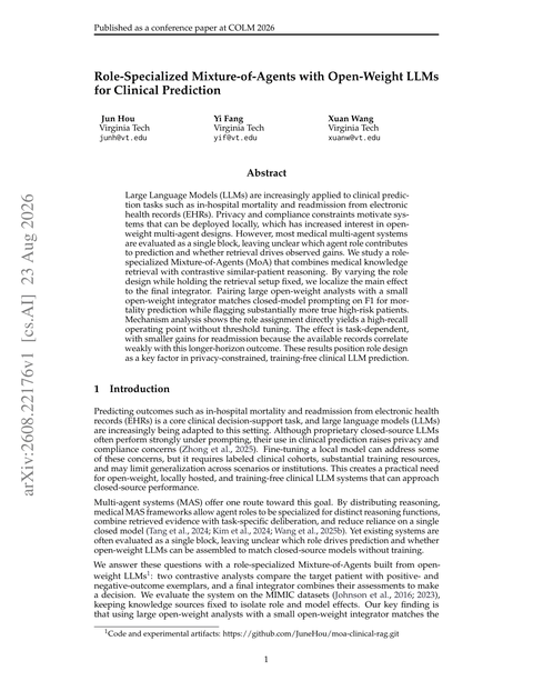 Thumbnail for Role-Specialized Mixture-of-Agents with Open-Weight LLMs for Clinical Prediction